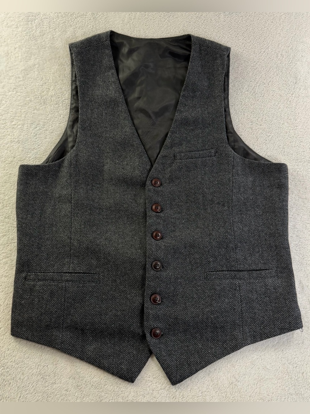 VOBOOM Men L Wool Herringbone Tweed Waistcoat Vest Charcoal Gray